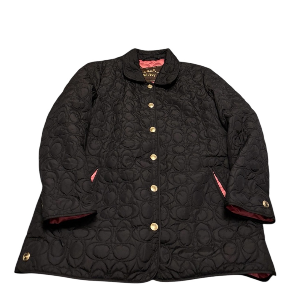 Coach Black Quilted Coat with Pink Lining & Gold Buttons